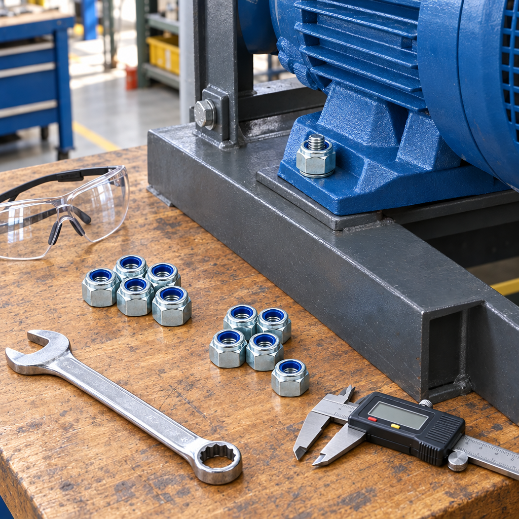 Zinc-plated nylon lock nut torqued onto a motor mounting stud with combination wrench and safety glasses nearby