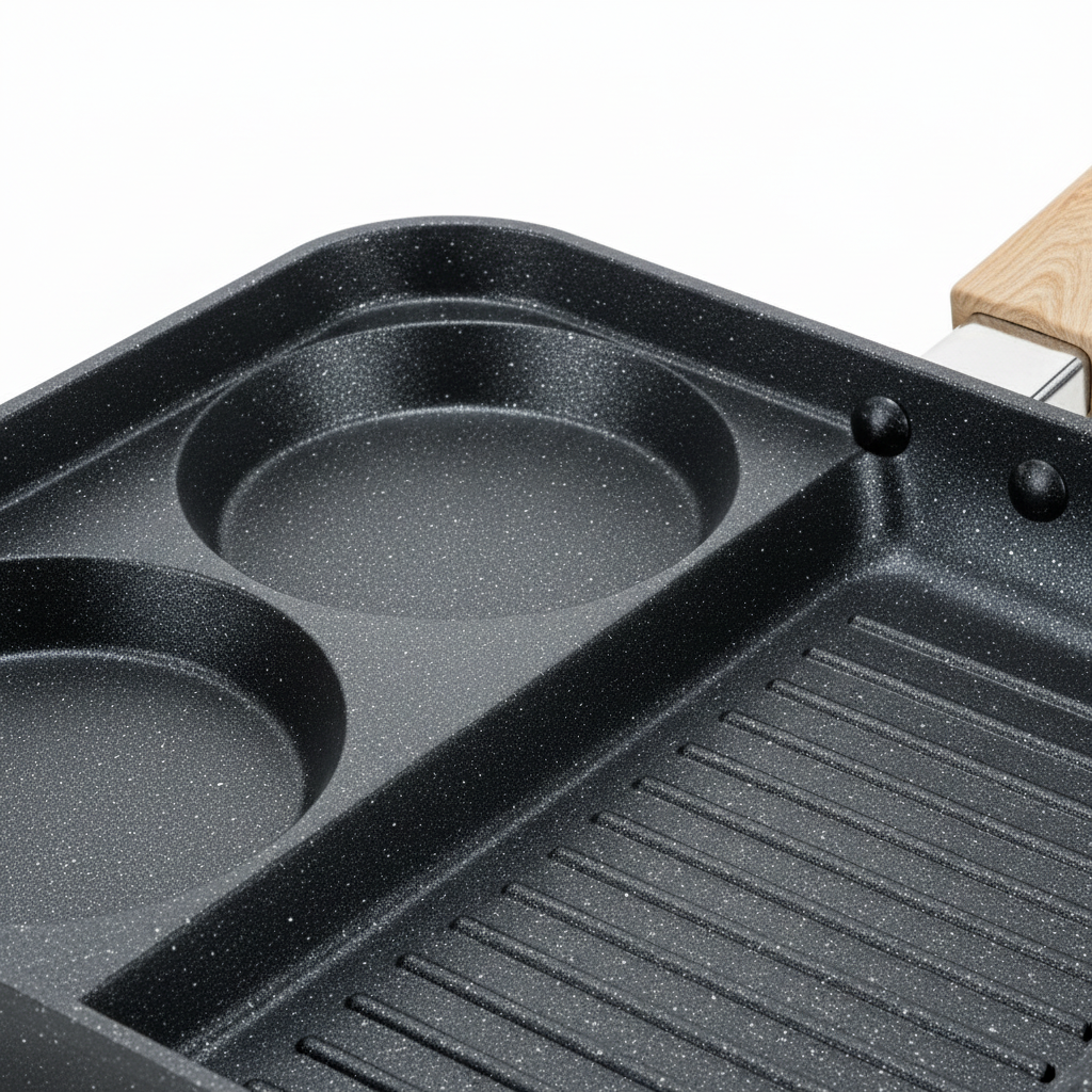 Macro detail of compartment divider ridges and textured granite non-stick coating