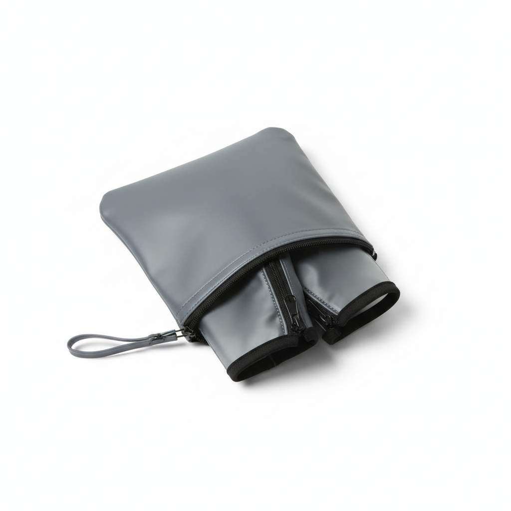Pair of smoky gray foldable PVC rain shoe covers packed partly inside a matching compact zippered storage pouch with wrist loop.