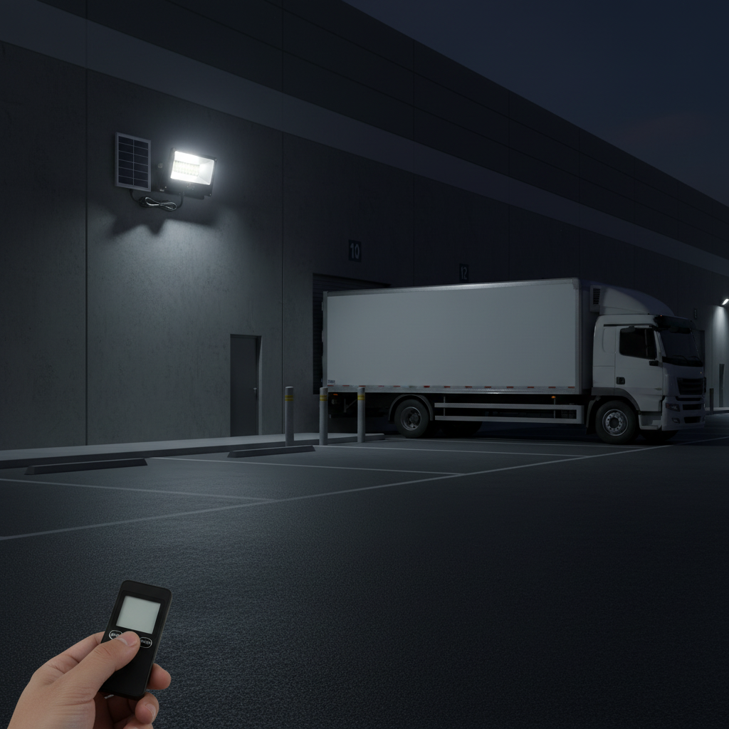 Solar Security Flood Light illuminating a warehouse exterior at night