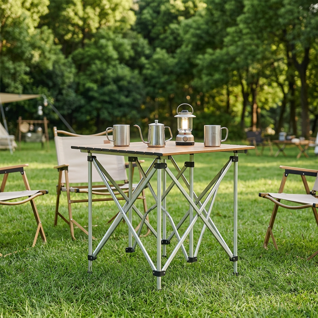 Folding camping table set up on a campsite lawn holding camping mugs, pour-over kettle, and lantern under daylight