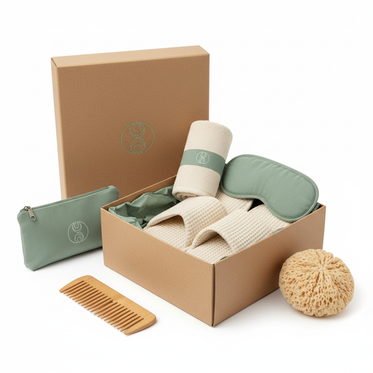 Complete hotel spa gift set with kraft box, cotton towel, eye mask, waffle slippers, travel pouch, bamboo comb and bath sponge on white background