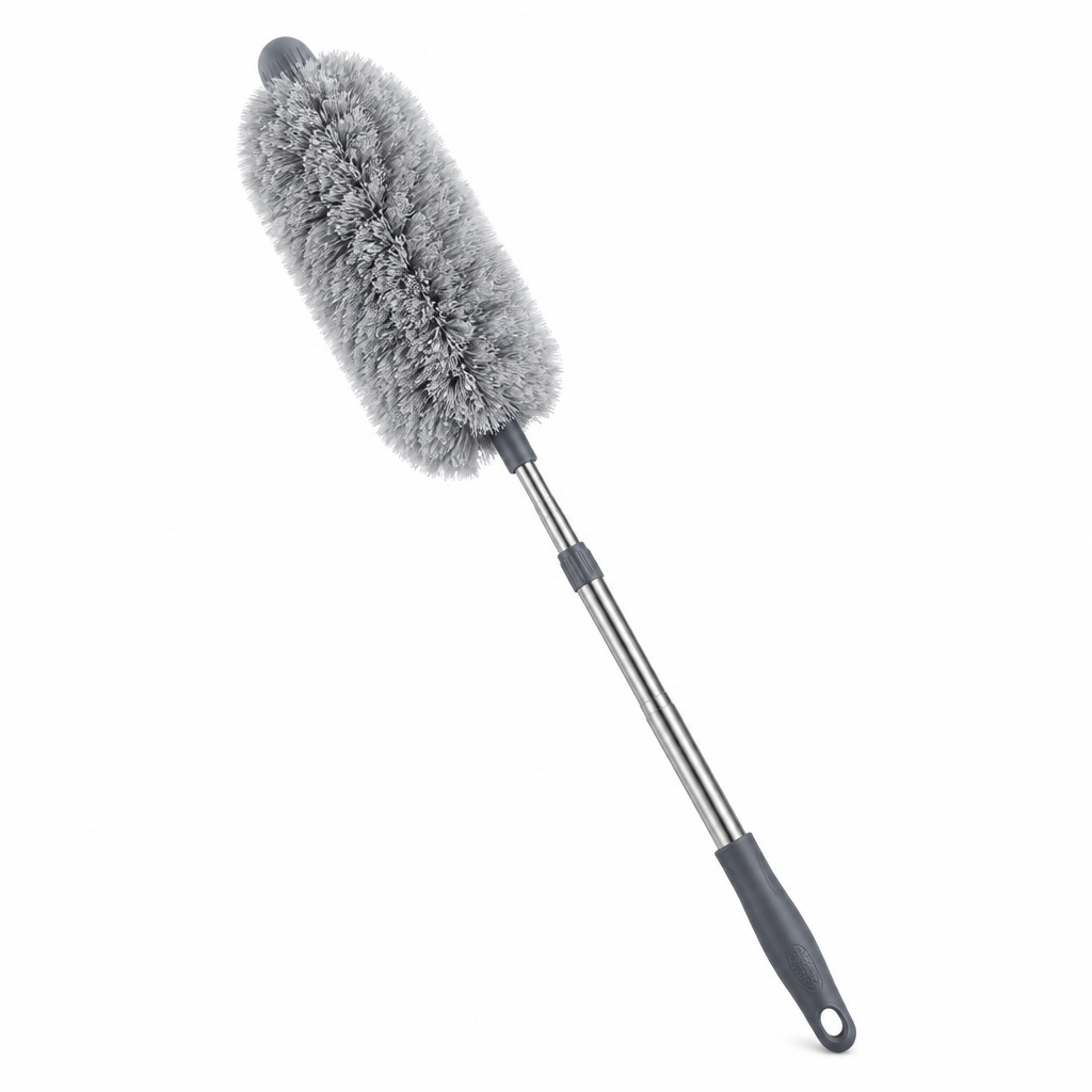Extendable microfiber feather duster with telescopic stainless steel pole and soft silicone tip on white background