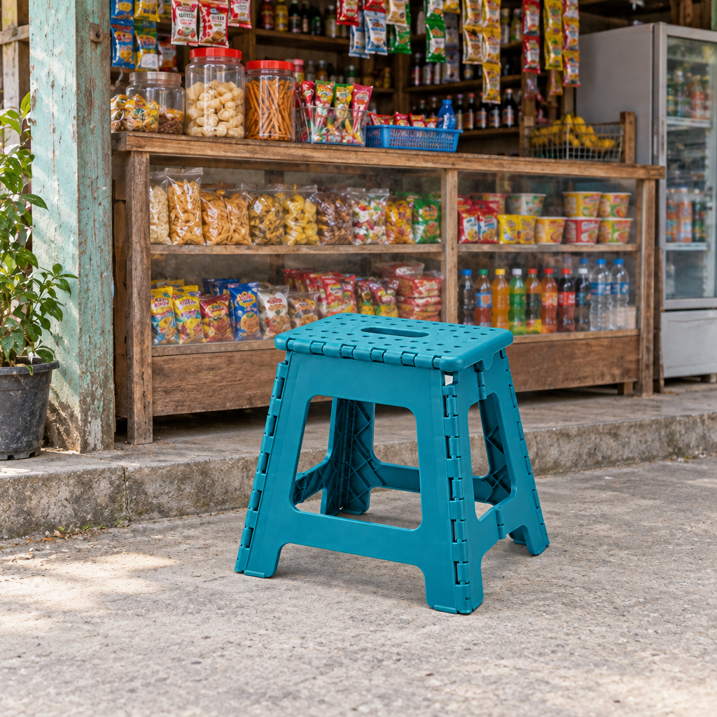 Open plastic folding stool placed in front of a small shop counter for temporary seating