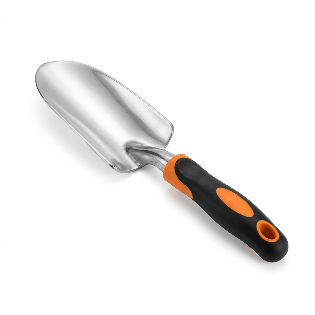 Single polished cast aluminum garden hand trowel with curved neck and ergonomic black and orange handle on pure white background