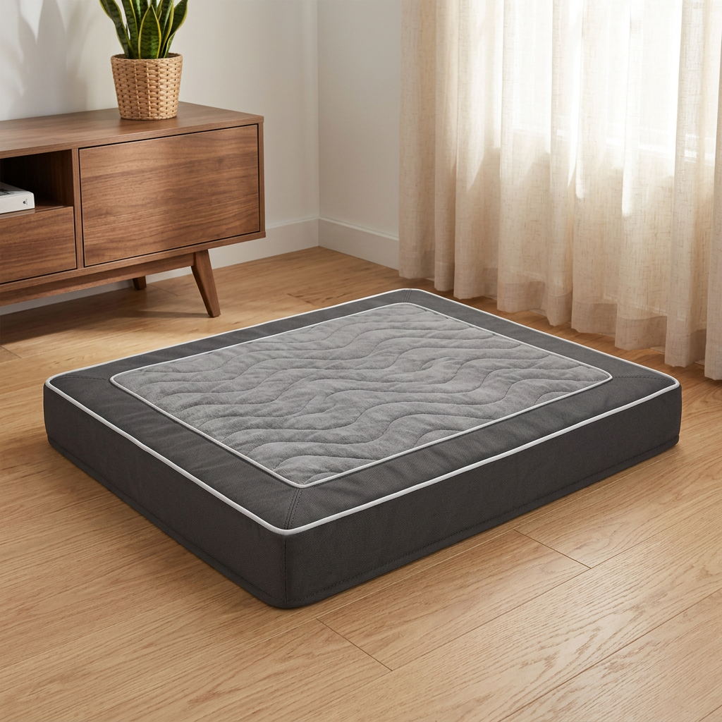 Memory foam dog bed resting flat on light oak hardwood floor in sunlit modern living room