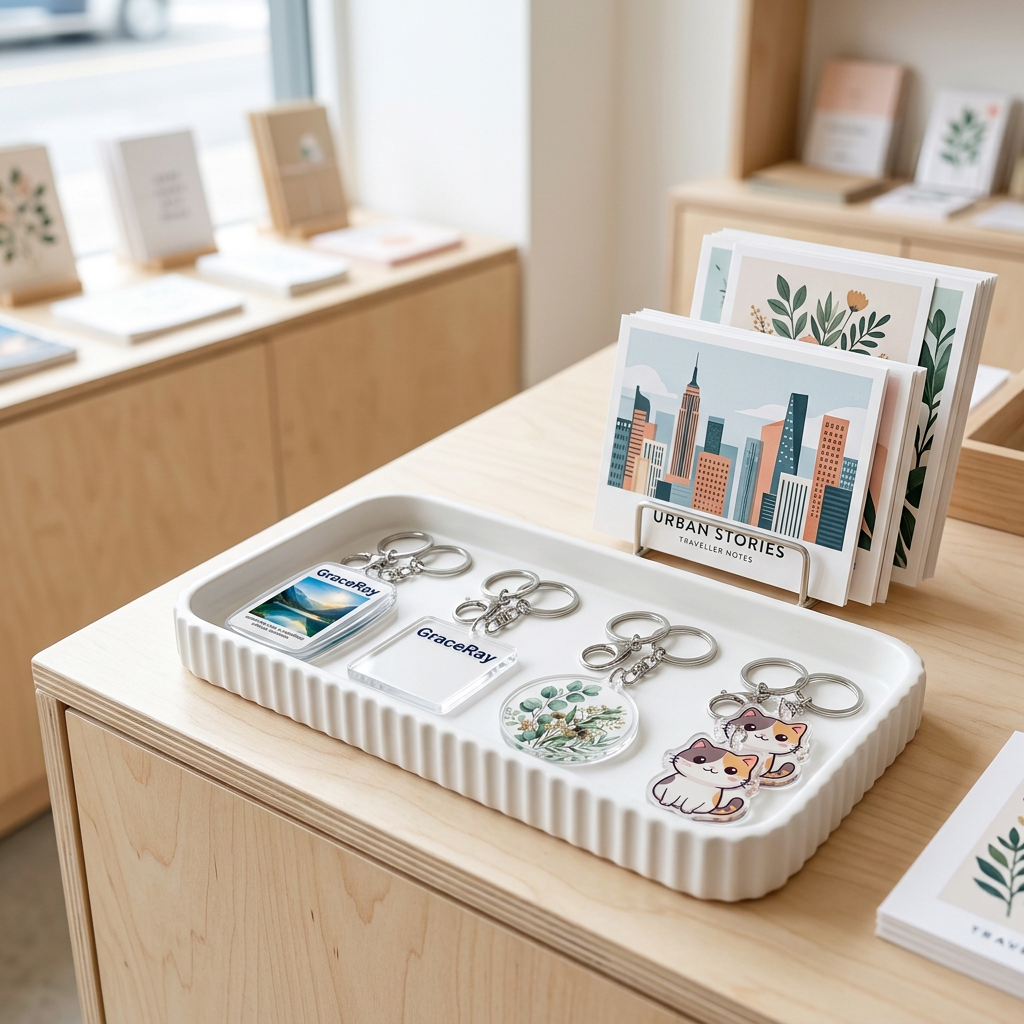Custom acrylic photo keychains displayed on a ceramic tray in an art stationery shop