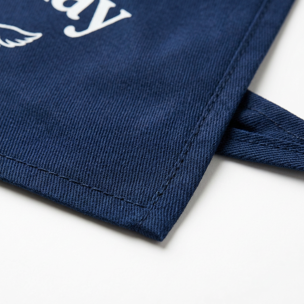 Detail close-up of pet bandana showing fine combed cotton twill weave and double-needle lockstitching on white background