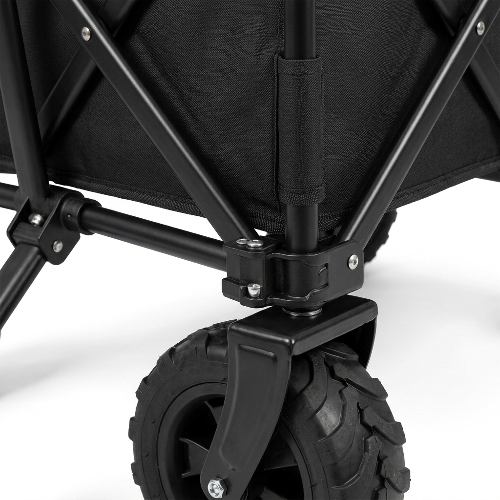 Macro close-up detail of folding wagon front wheel swivel fork, steel frame hinge pivot joint, and heavy-duty fabric corner sleeve