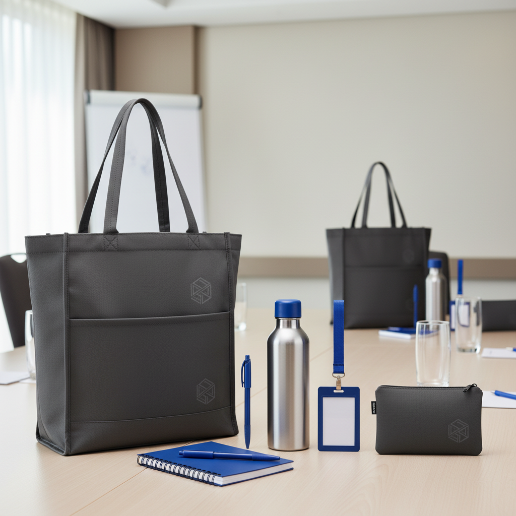 Coordinated conference gift sets arranged at attendee places on a modern hotel meeting table