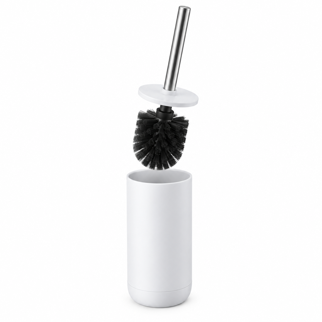 Toilet cleaning brush slightly lifted out of the cylindrical holder showing the black bristle head and splash-guard disc lid
