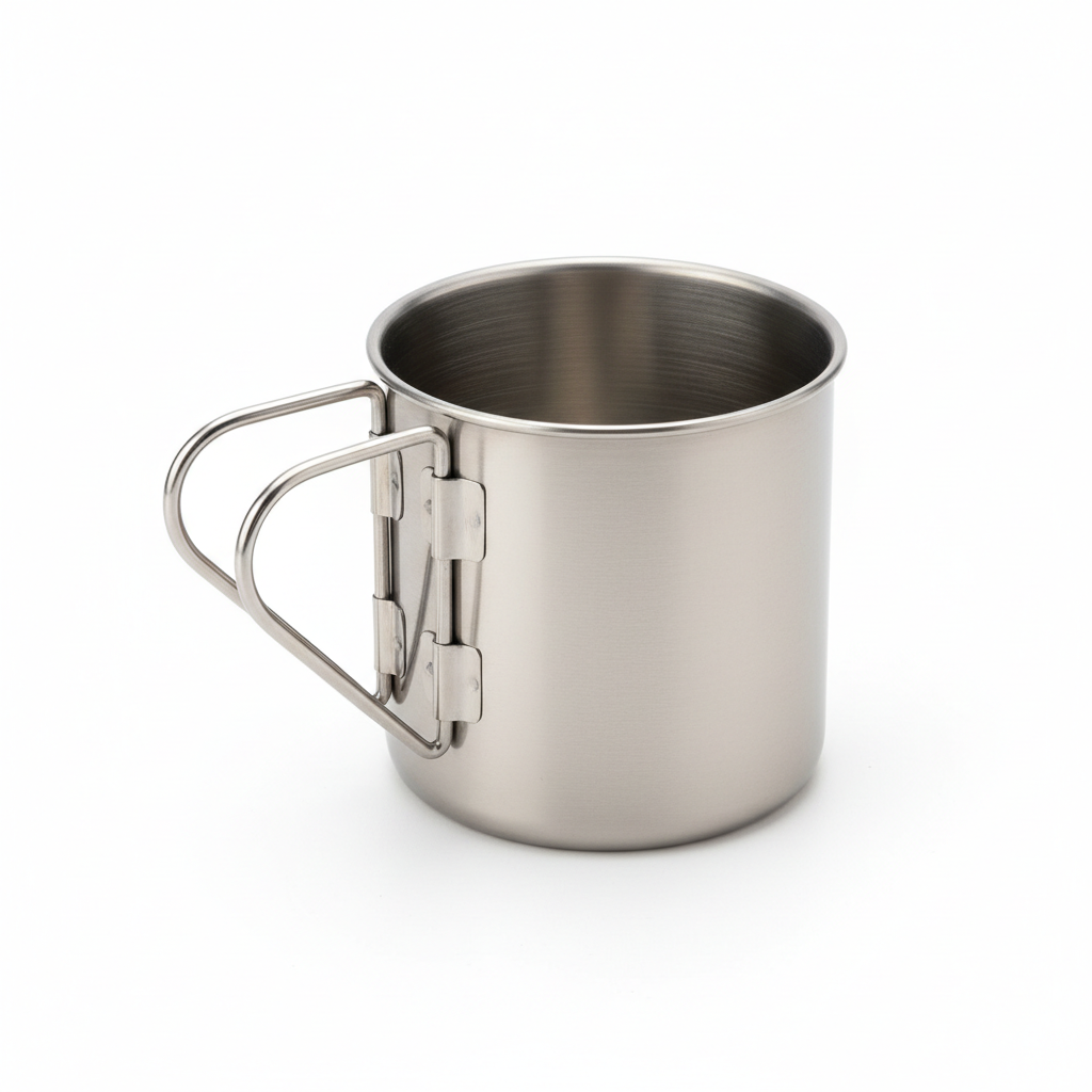 Stainless steel camping cup with folding wire handles on pure white background