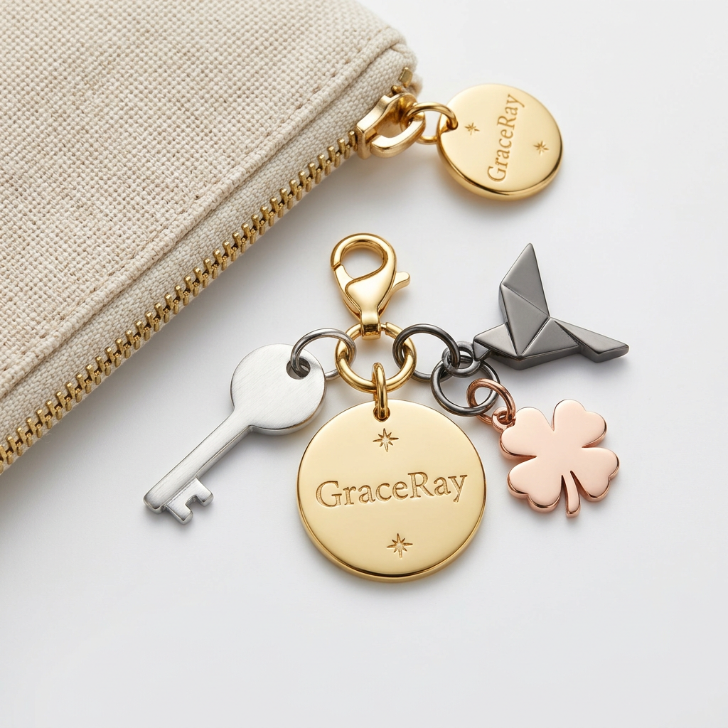 Miniature metal bag charms with decorative shapes and small attachment loops.