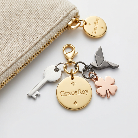 Miniature metal bag charms with decorative shapes and small attachment loops.