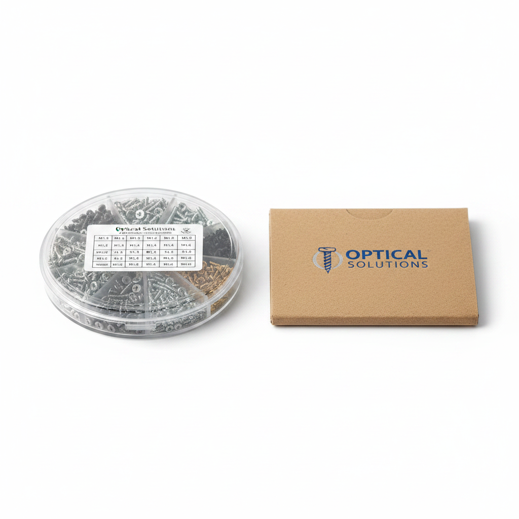 Closed transparent eyeglass screw assortment box with index chart on white background