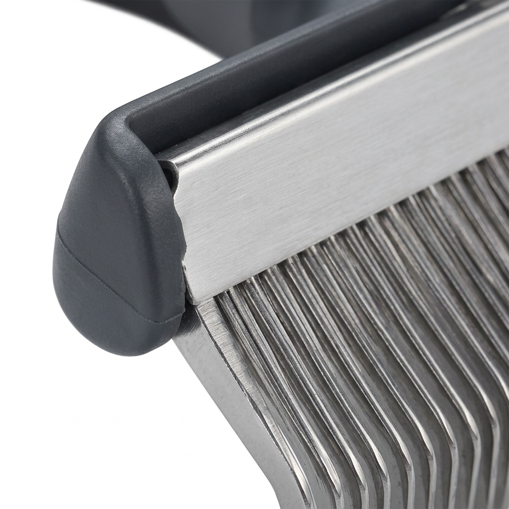 Macro close-up detail of precision stainless steel deshedding teeth, brushed metal bracket, and molded head housing