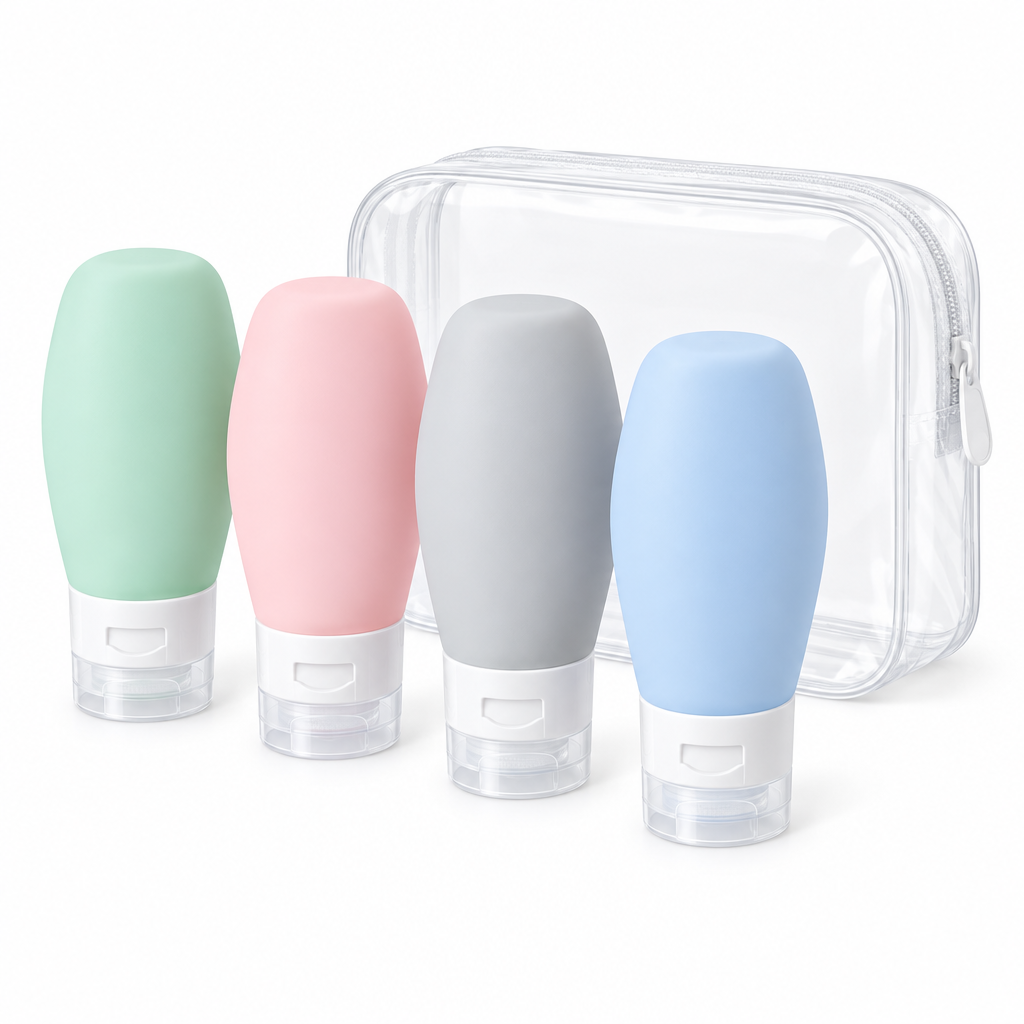 Set of 4 pastel squeezable silicone travel bottles with clear zippered pouch on white background