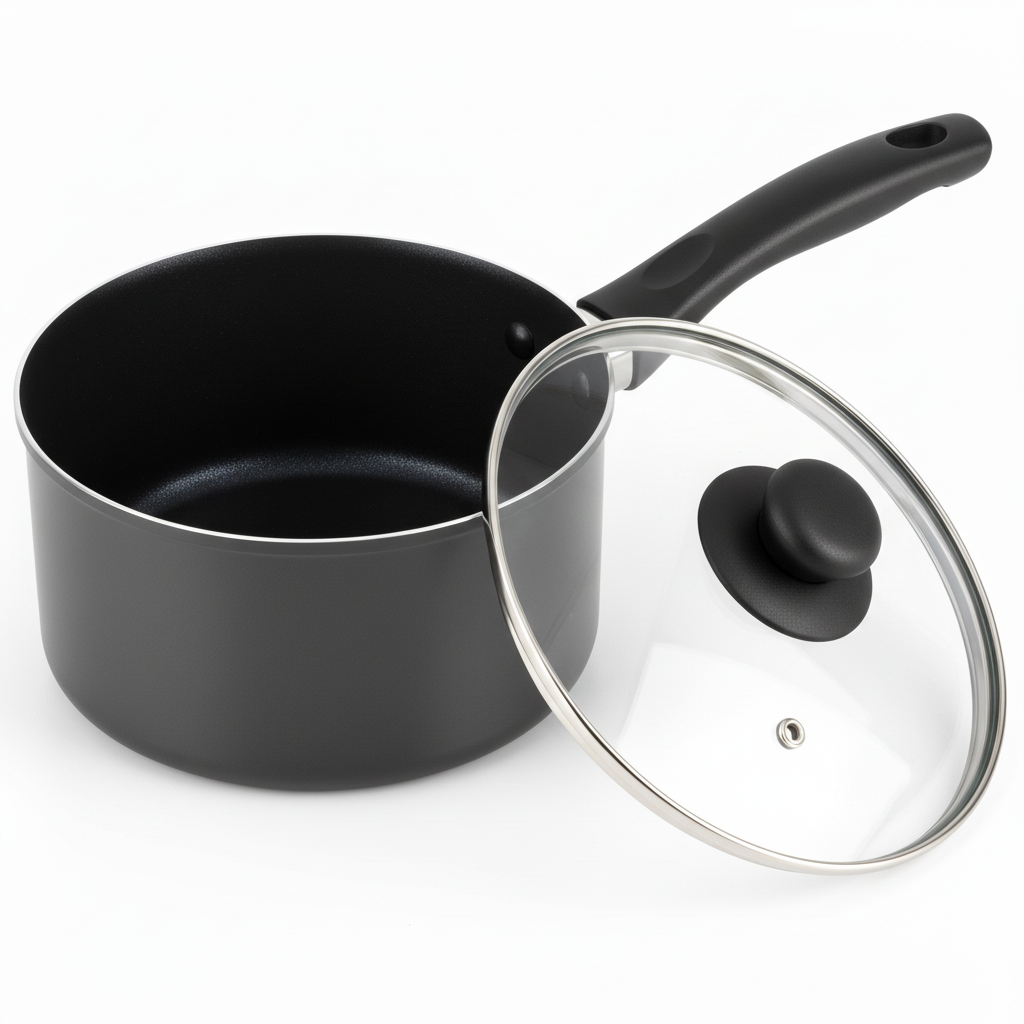 Close-up detail of smooth non-stick interior, straight saucepan sidewall, and tempered glass lid with vent on white.