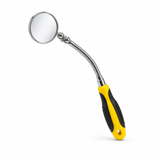 Flexible inspection mirror with 360 swivel joint and rubber handle on a pure white background with comfortable margins