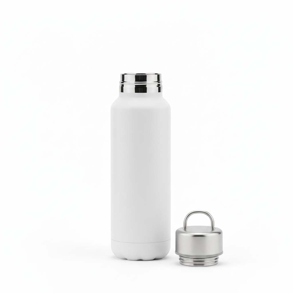 Open matte white insulated water bottle with cap resting beside it on pure white background
