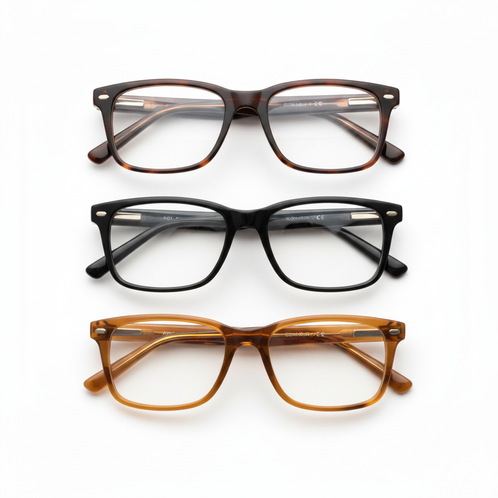 Assorted rich acetate color options of premium reading glasses flat lay on white background