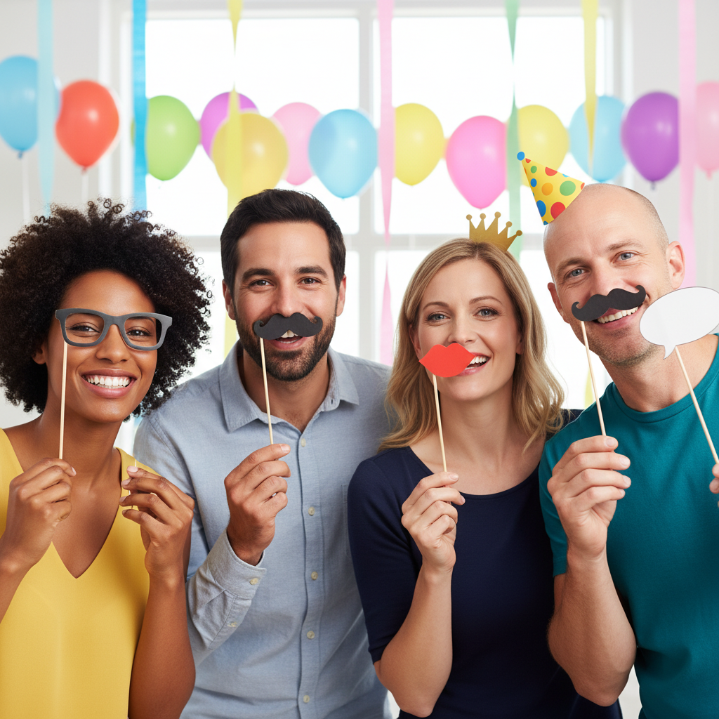 Four adults smiling and holding colorful glasses, moustache, lips, crown and party hat photo booth props at a bright celebration.