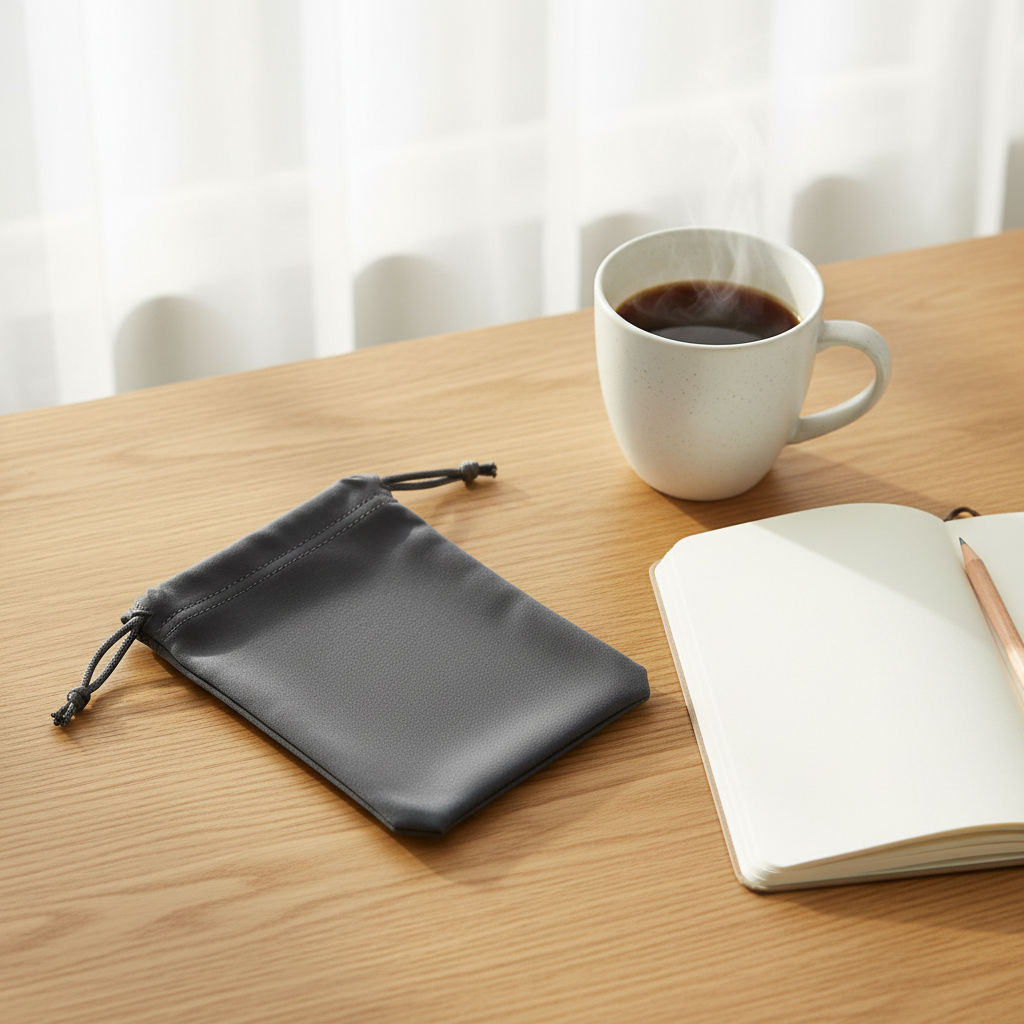 Microfiber eyeglass pouch on wooden desk beside notebook and coffee cup