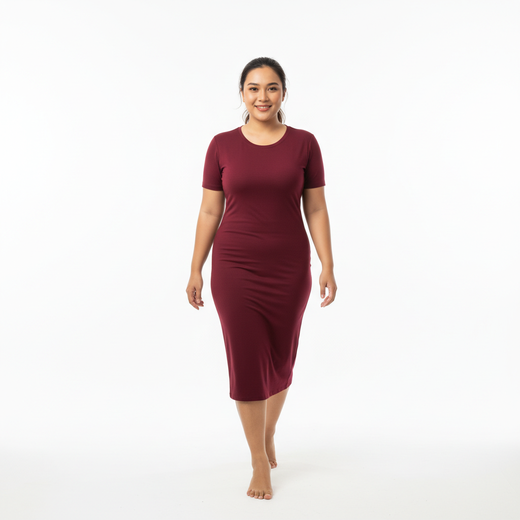 Indonesian woman burgundy bodycon dress walking