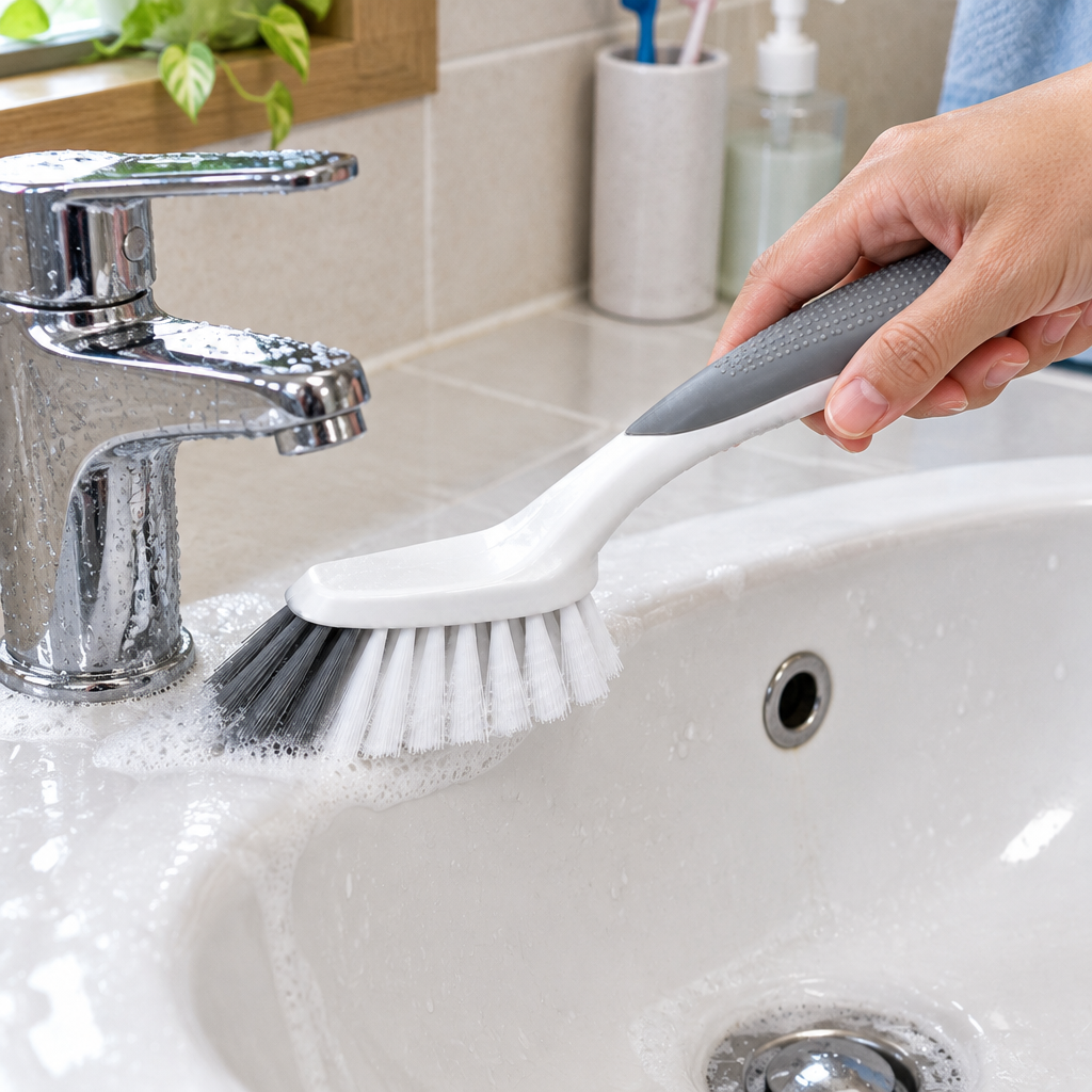 Bathroom cleaning brush held by hand scrubbing around the rim of a ceramic bathroom sink in a Thai home