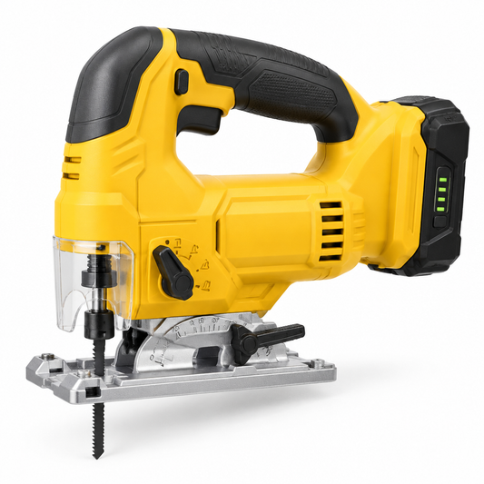 Side profile of a 20V heavy-duty cordless top-handle jigsaw with aluminum base shoe, T-shank blade, orbital lever, and lithium battery on a pure white background