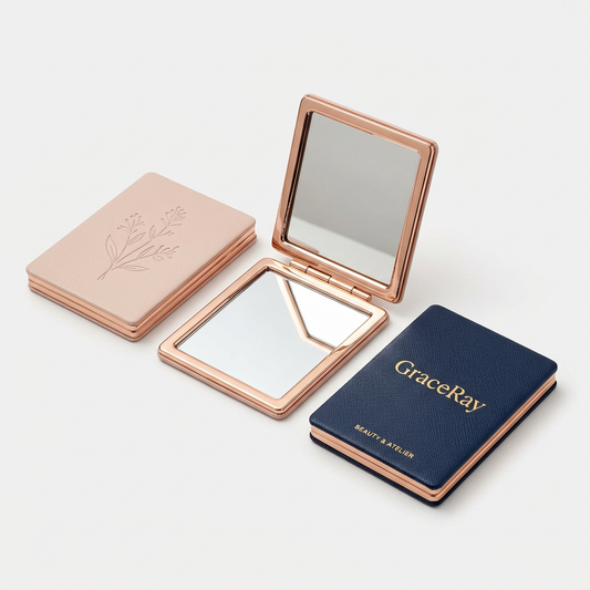 Compact folding travel mirrors with protective covers for handbags and cosmetic kits.