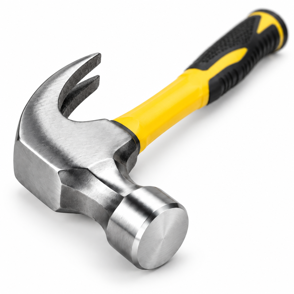 Close-up macro view of the drop-forged claw hammer head showing the circular striking face and curved V-claw on a pure white background