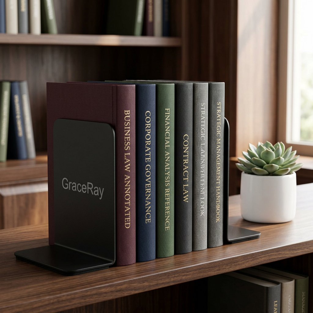 Custom matte black metal bookends supporting business books on an office bookshelf