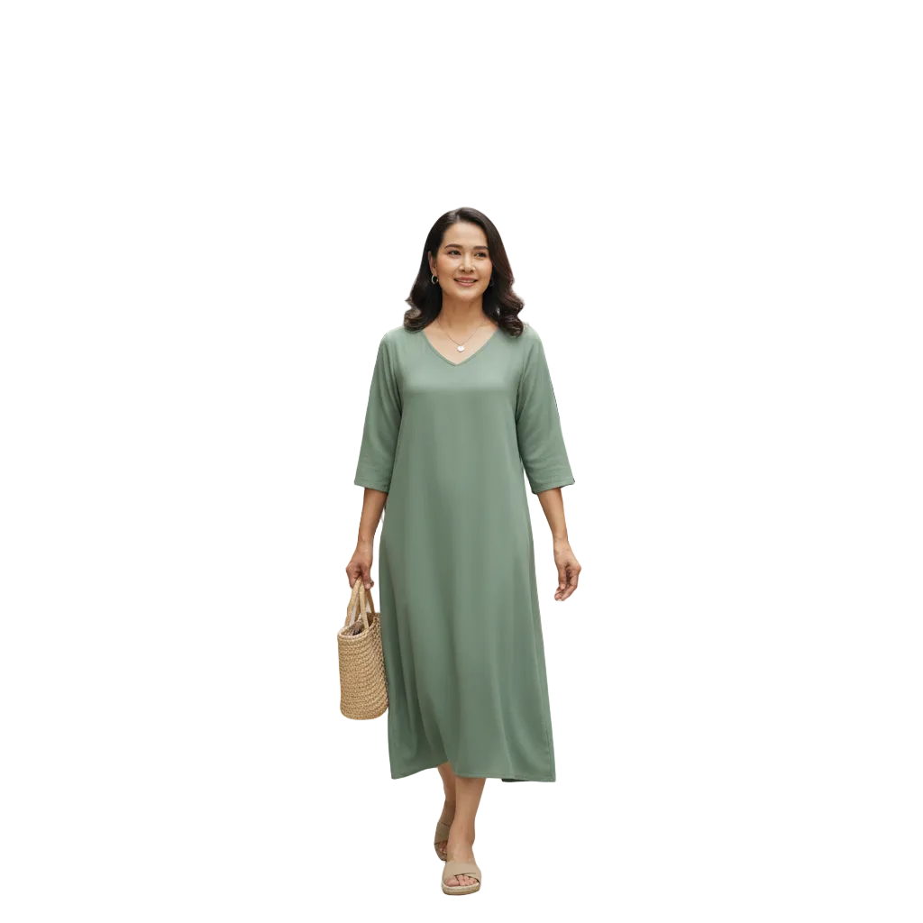 Lifestyle view of three-quarter sleeve v-neck casual dress outdoors