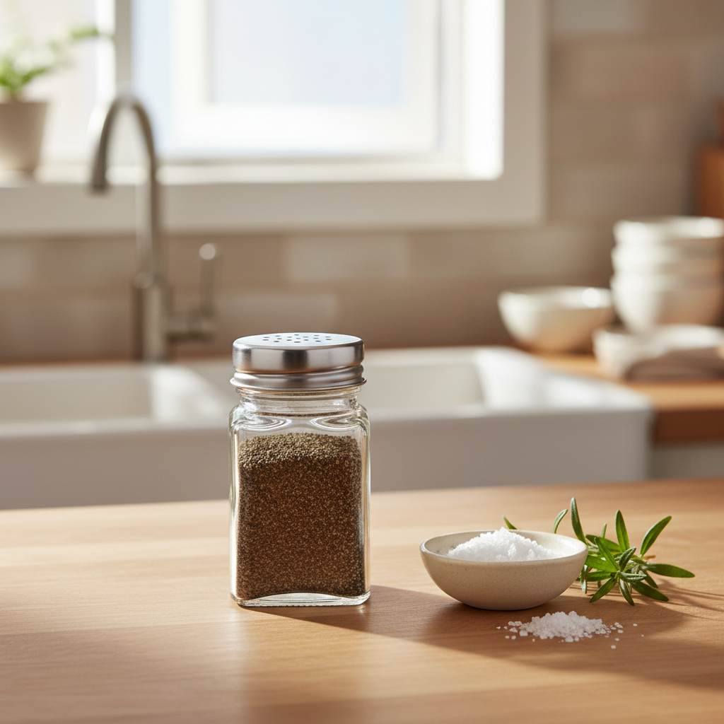 Single glass spice shaker jar on a kitchen countertop beside salt and fresh herbs