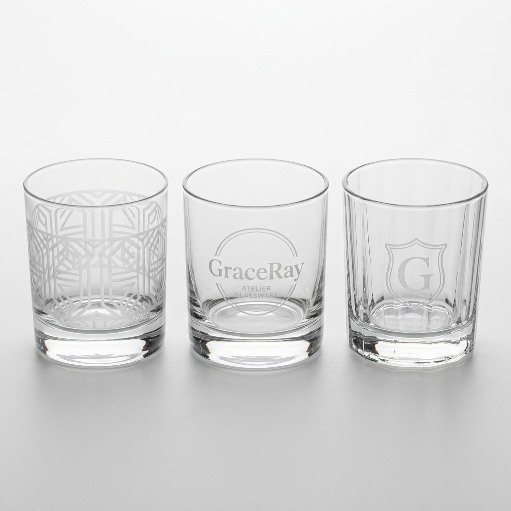 Personalized glass tumblers with custom names and decorative designs for gift collections.
