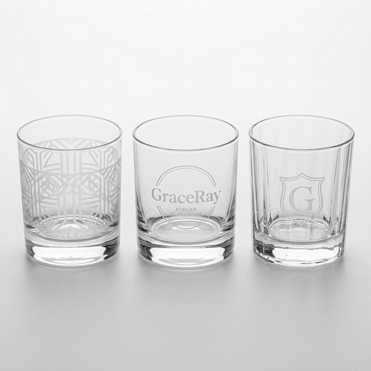Personalized glass tumblers with custom names and decorative designs for gift collections.