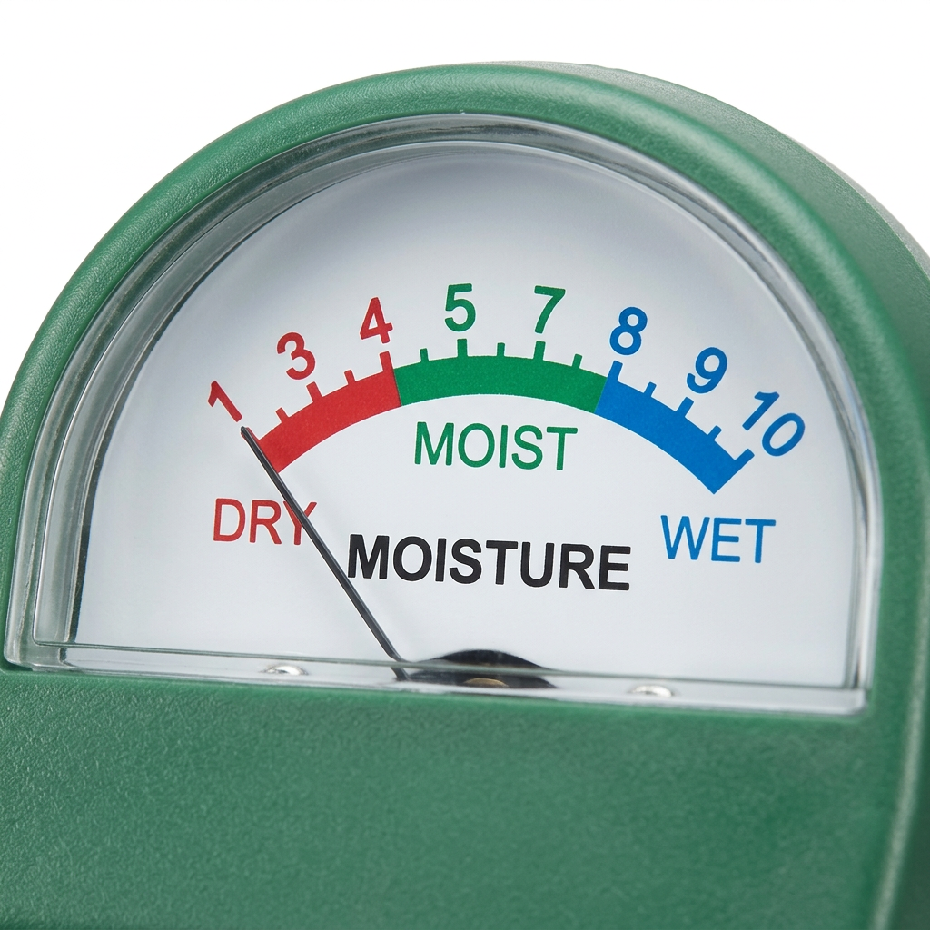 Macro close-up of arched clear dial window showing 1 to 10 color-coded moisture scale labeled Dry Moist Wet on pure white background