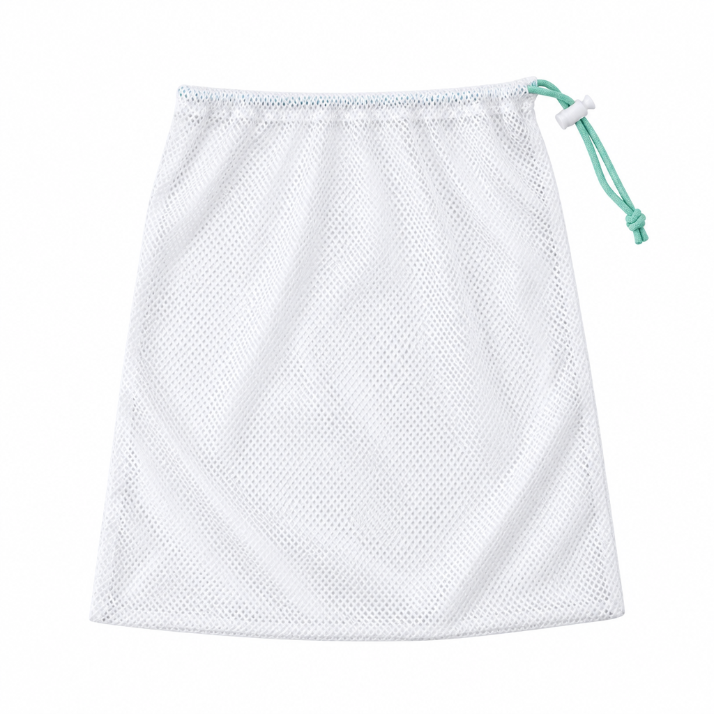 White breathable polyester mesh reusable produce bag with mint green drawstring cord on white background