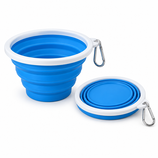 Blue collapsible silicone pet travel bowl shown fully expanded and fully collapsed with carabiner on pure white background