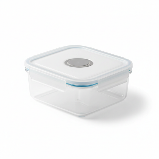 Microwave and freezer safe food storage container with steam vent lid on pure white background
