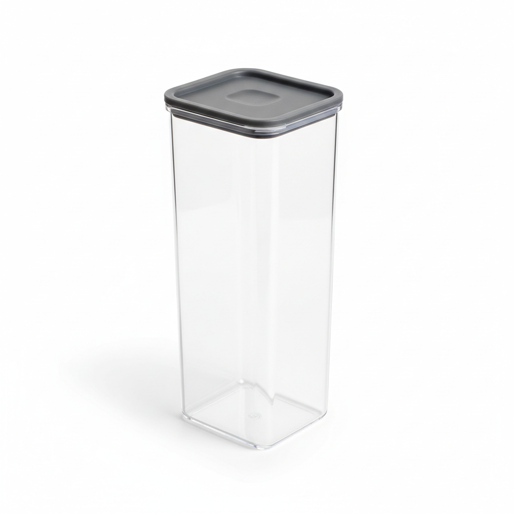 Tall rectangular stackable dry food storage container closed on pure white background