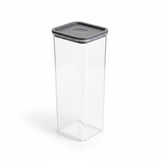 Tall rectangular stackable dry food storage container closed on pure white background