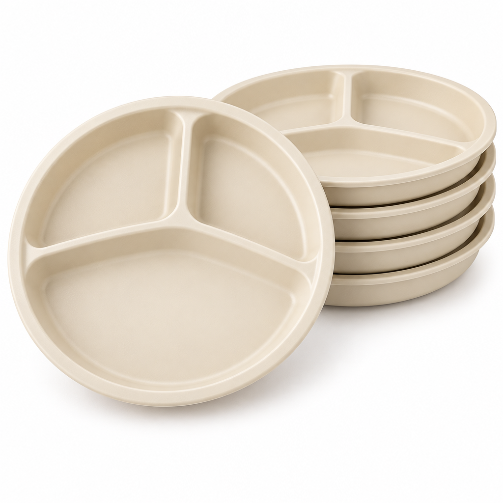Empty round plastic divided plate showing durable food-grade texture, alongside a stack of four nested plates demonstrating compact stackable storage on a pure white background