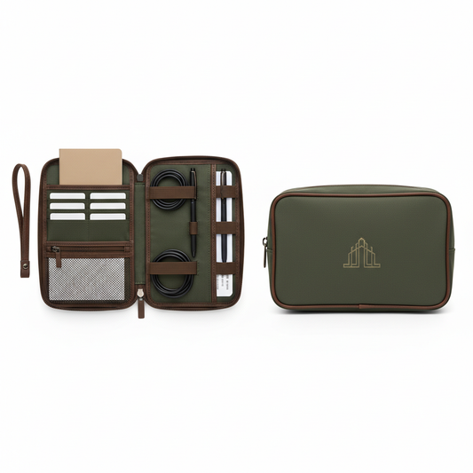 Deep olive zip-around hotel travel organizer with PU trim, passport sleeve, card slots, ticket pocket, cable loops, pen loop and document divider on white background