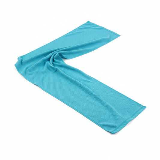 Long solid aqua-blue synthetic cooling towel with fine mesh texture and stitched edges arranged in a loose wave on a pure white background.