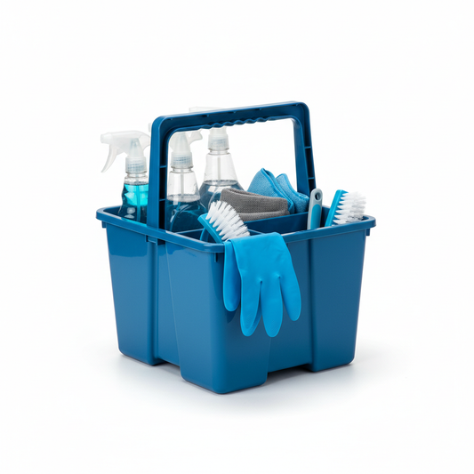 Blue six-compartment hotel cleaning caddy filled with spray bottles, microfiber cloths, brushes and gloves on white background