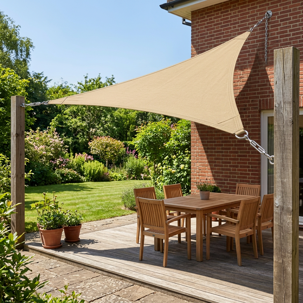 Outdoor shade sail installed and tensioned between timber posts and house wall above a backyard patio dining area