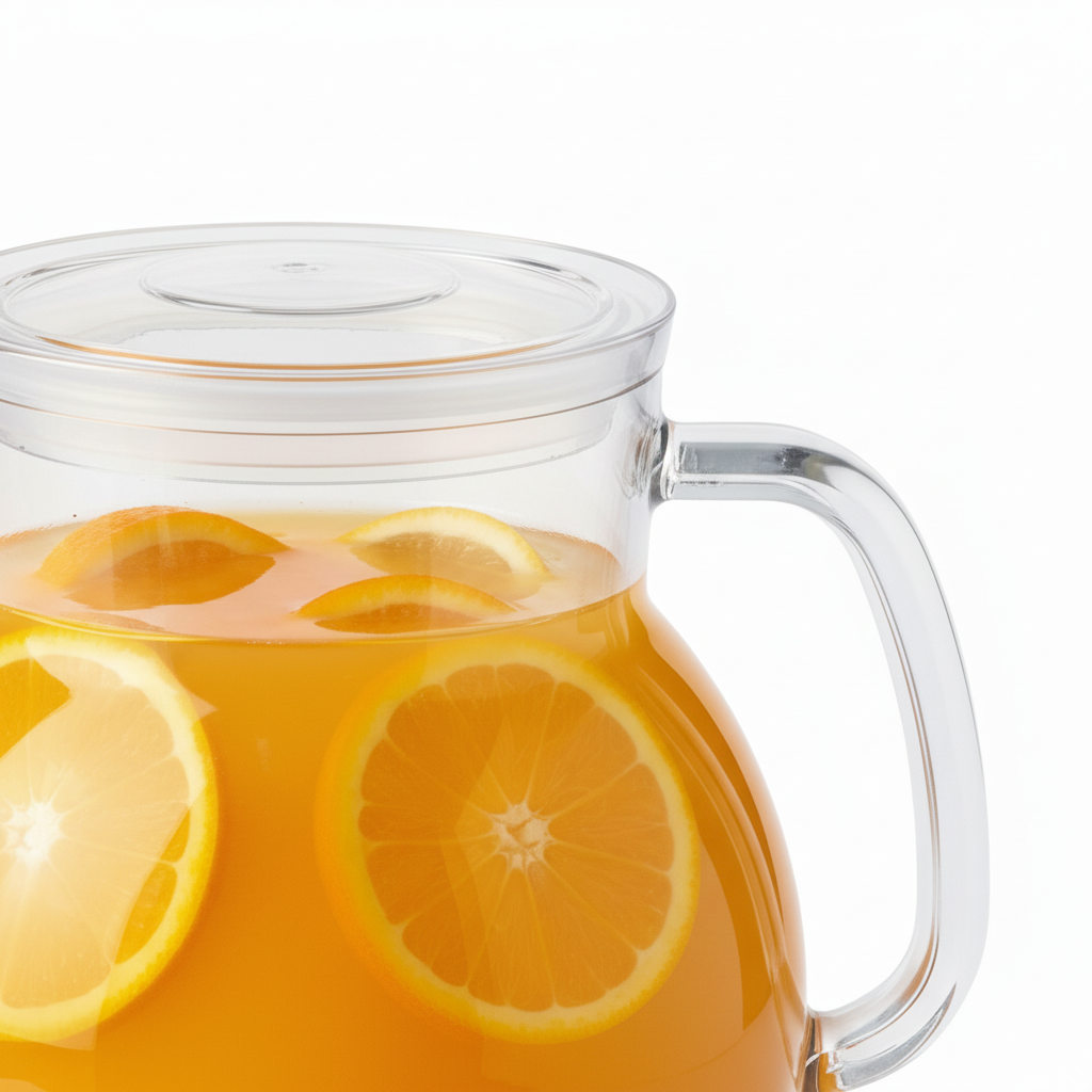 Close-up of pour spout and fitted lid on transparent plastic juice pitcher