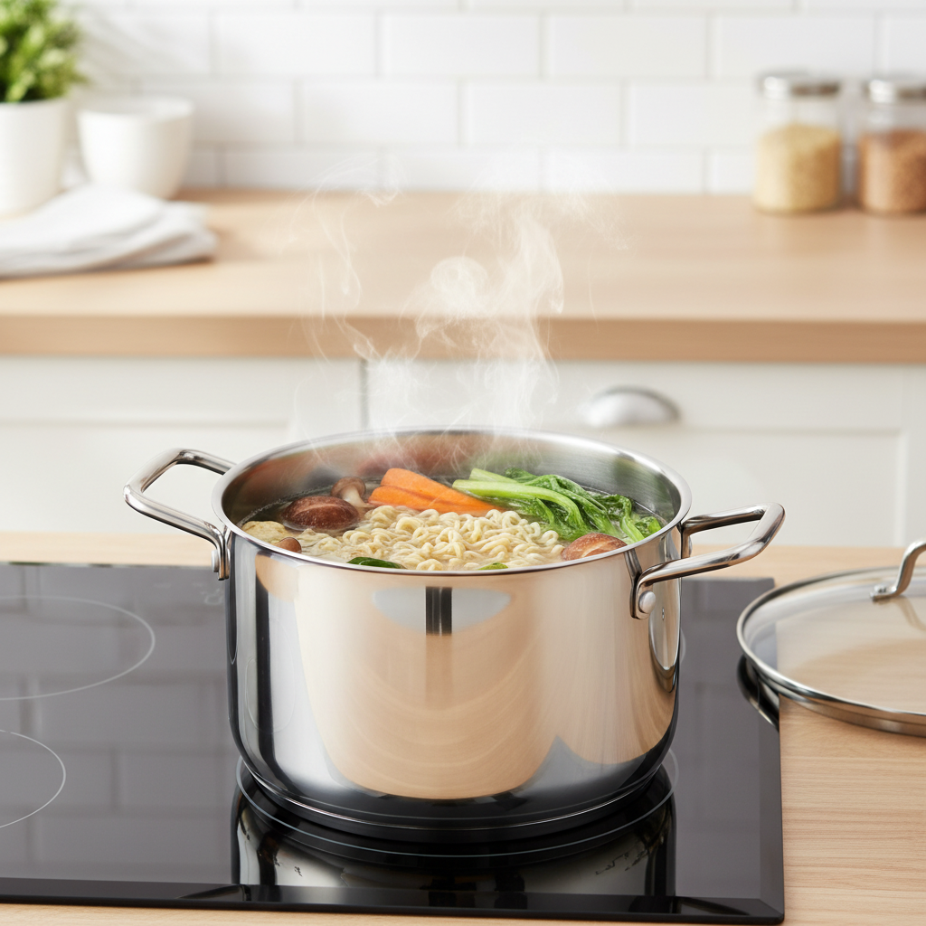 Stainless steel cooking pot simmering noodle soup on induction cooktop in modern kitchen